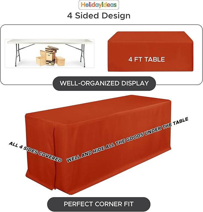HolidayIdeas 4 Pack Fitted Tablecloth for 8ft Tables, Rust Table Cover for Christmas Vendor Booth Display, Market Stall, Craft Fair, Fall Festival, Wrinkle Resistant with Professional 4-Sided Coverage