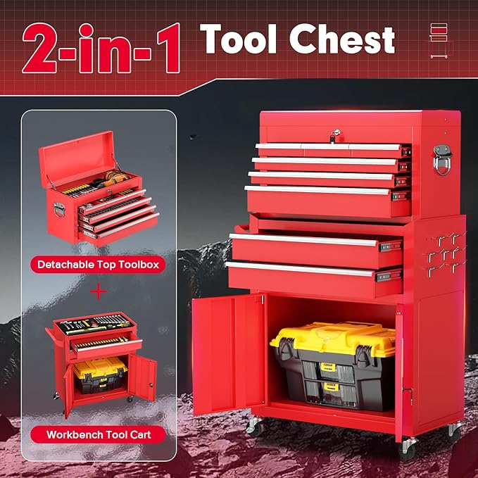 Superday Metal Rolling Tool Chest, 8 Drawer Rolling Tool Chest with Wheels, Detachable Tool Storage Cabinet with Lock for Garage, Steel Tool Cart with Liner & Hooks for Workshop, Warehouse (Red)