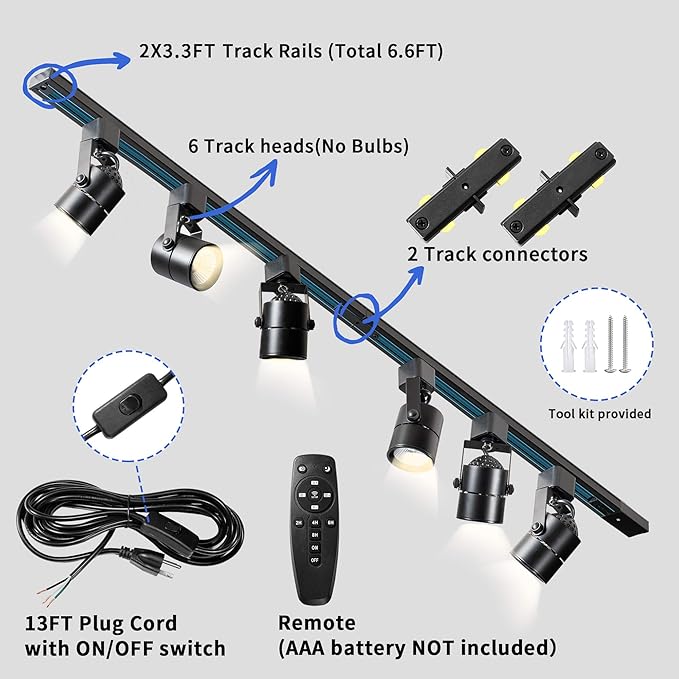 Plug in Track Lighting with Power Cord & Remote, 6-Light LED Track Lighting Kit with 6.6FT H Track Lighting Rails, Modern Kitchen Plug in Ceiling Lights Fixtures, 10W Black