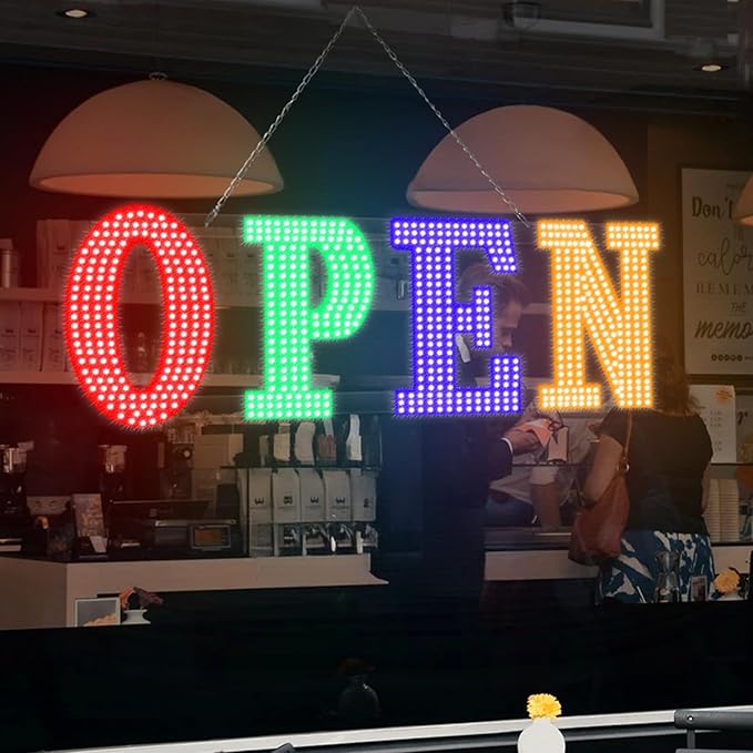 30'' x 10" Large Open Signs for Business, Super Bright LED Open Closed Sign with Hanging Installation, Light Up Sign for Bar Store Restaurant Office Hotel Salon Red&Green&Blue&Yellow