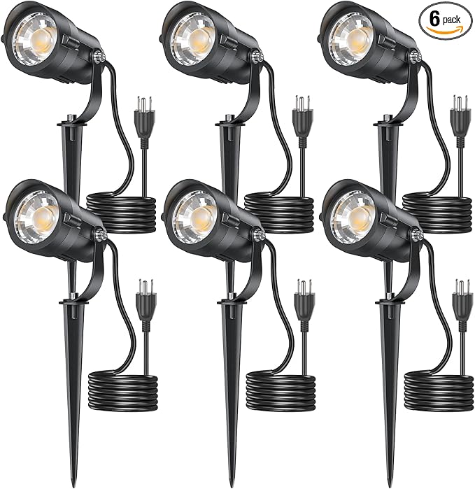 HIBOITEC 12W Spot Lights Outdoor 120V Landscape Lighting Waterproof Spotlight with 4.9ft 3-Plug LED Plug in Landscape Lights for Yard Gardern Decorations 2900K 6Packs
