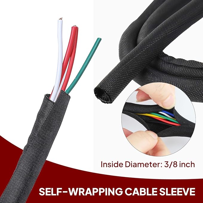 Black Braided Cable Management Sleeves Wire Loom Tubing Cord Protector Self-Wrapping (3/8"-20Feet)