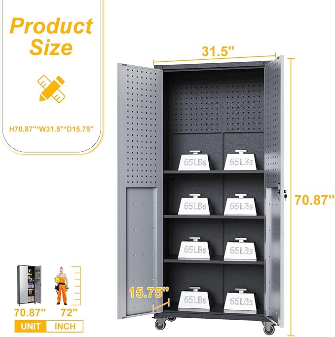 71"H Metal Storage Cabinet with Wheels, Tall Rolling Garage Cabinet with 3 Adjustable Shelves & Locking Doors & Pegboards, Heavy-Duty Tool Cabinet for Home Office, Workshop, Warehouse, Grey