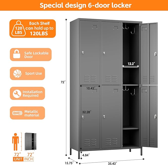 Aobabo Metal Locker for Employees, 6 Doors Metal Locker Cabinet with Lock, Industrial Storage with 18 Hooks, Storage for Office, Gym, Dormitory, Assembly Required, Dark Grey