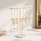 pickpiff Necklace Holder Stand: 2 Tier Jewelry Organizer with Marble Base, Gold Jewelry Tree Display for Bracelets, Rings, Earrings, Gold and White