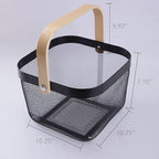 IBWell Square Metal Wire Woven Fruit Storage Bowl Basket with Wooden Handle, Large Black Mesh Fruit Stand, Multi-function Hanging Kitchen Baskets (Black, Normal)