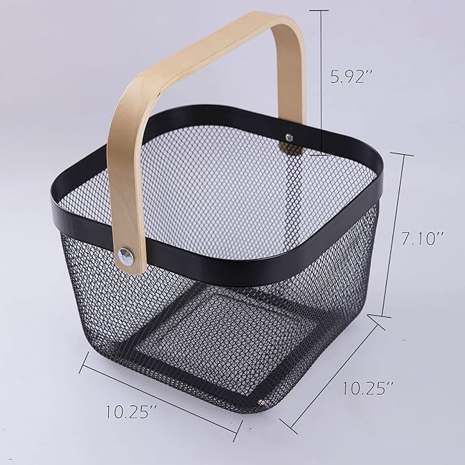 IBWell Square Metal Wire Woven Fruit Storage Bowl Basket with Wooden Handle, Large Black Mesh Fruit Stand, Multi-function Hanging Kitchen Baskets (Black, Normal)