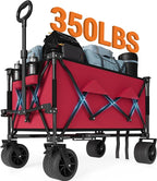 35" Foldable Wagon for Beach with 350lbs Weight Capacity, Heavy Duty 280L Extra Large Collapsible Foldable Wagon for Camping, All Terrain Beach Wagons Extended with Cup Holders for Sand