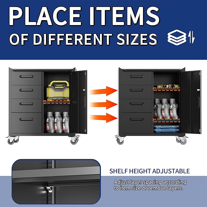 Tool Storage Cabinet, Rolling Tool Cabinet with 4 Drawers and 1 Door for Garage, Tool Room, Assembly Required(Black)