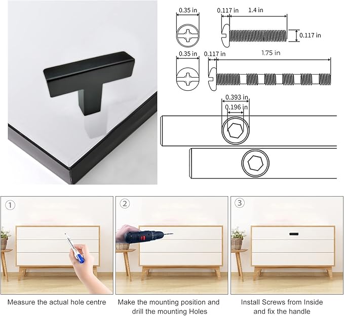 Cabinet Pulls Single Hole Cabinet Knobs, 40 Pack Square Matte Black T Bar Cabinet Handles Drawer Cabinet Knobs Cupboard Hardware Cabinet Handles, Stainless Steel Single Hole Cabinet
