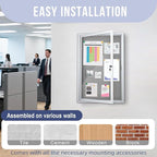 Enclosed Bulletin Board 36"x24" Outdoor Weatherproof Cork Noticeboard with Locking Door Wall-Mounted Gray Fabric Silver Aluminium Frame for Home, School, Office, Community, Hospital