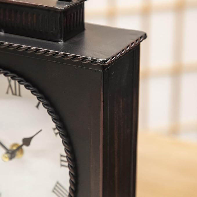 MODE HOME Vintage Mantel Clock with Distressed Finish, Antique Style Battery Operated Metal Decorative Table & Mantel Clock for Living Room Fireplace, Large Decorative Desk & Shelf Clocks for Home