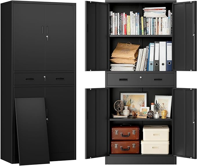 BESFUR 71" H Metal Storage Cabinet with 1 Lockable Drawer and 2 Lockable Doors, Garage Storage Cabinet with 2 Adjustable Shelves, Locking Cabinet for Garage, Office, School - Black