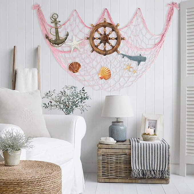 2 Pack Fish Net Decorations, 80x40 Inch Light Pink Fishing Net Decor for Under The Sea Mermaid Beach Theme Party, 3mm Thick Natural Cotton Versatile Nautical Netting for Party Wall Table Ceiling Decor