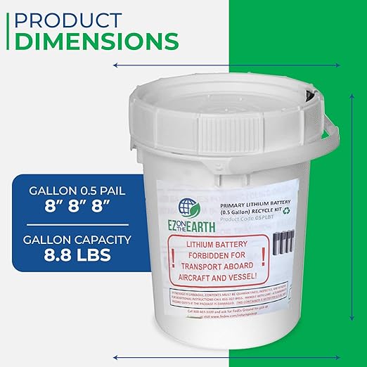 Primary Lithium Battery Recycling Container - 0.5 Gallon, Battery Disposal Bin with Lid That Holds up to 8.8 lbs Batteries - Recycling Pail with Cardboard Box