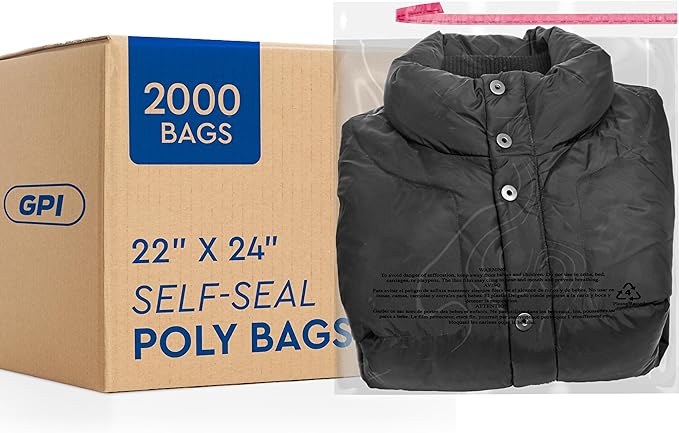 2000 Count - 22" x 24" Extra-Large Self Seal Poly Bags with Suffocation Warning, 1.5 Mil, Clear Polybags with Resealable Adhesive Strip for Shipping & Packaging Clothing, T Shirts & Sweaters. GPI