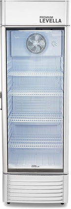 PremiumLevella PRF155DX Glass Door Display Refrigerator 15.5 cu ft Commercial Beverage Cooler Merchandiser With Customizable Lightbox - Silver