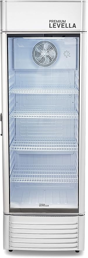 PremiumLevella PRF155DX Glass Door Display Refrigerator 15.5 cu ft Commercial Beverage Cooler Merchandiser With Customizable Lightbox - Silver