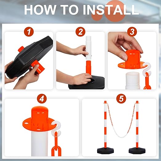 Amylove 12 Packs Traffic Delineator Post Cone with Base, Traffic Cones Safety Cones Caution Cones Plastic Stanchion Chain Safety Barriers with 6.6 Feet Link Chain and S Hooks for Parking Lot (Orange)
