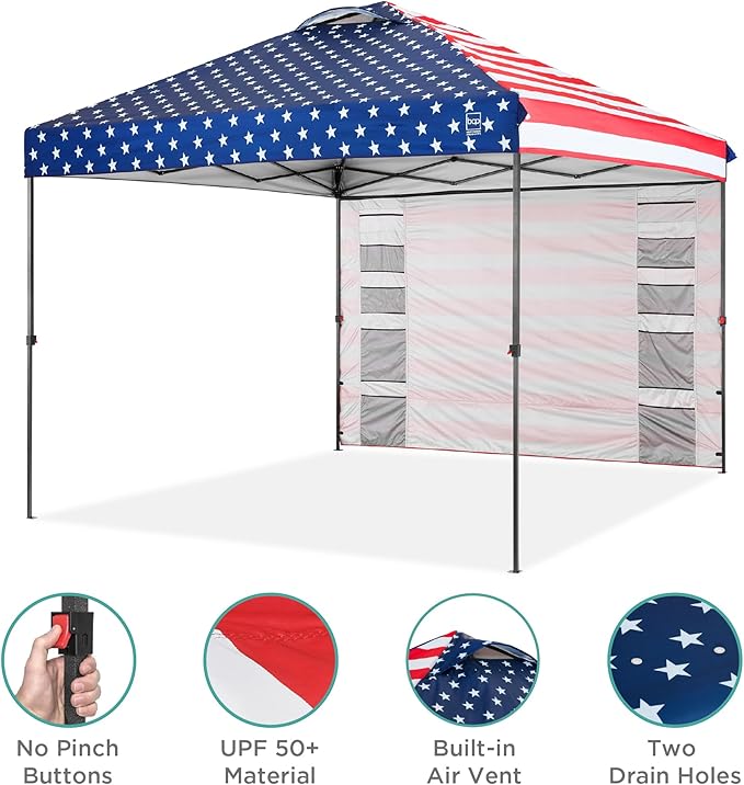 Best Choice Products 10x10ft Easy Pop Up Canopy w/Side Wall, 10 Pockets, Portable Carrying Case, 1-Button Setup, 4 Weight Bags - American Flag