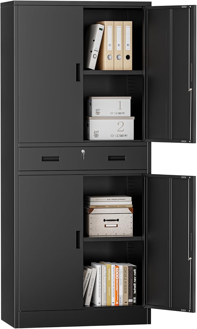 Metal Storage Cabinets with 1Drawer, 71" Storage Cabinet with 4 Locking Doors and 2 Adjustable Shelves, Steel Storage File Cabinet for Pantry Home, Kitchen, Office, Garage (Black)