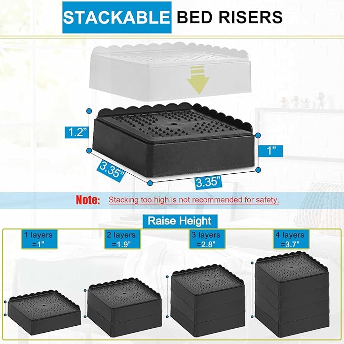 Bed Risers 1 inch, 2 inch, 3 inch, 4 inch Heavy Duty, Adjustable Furniture Riser for Table Desk Couch Sofa Chair Recliner Leg Frame Dorm, Stackable Bed Raisers Blocks (Black 12 Pack, 1 inch)