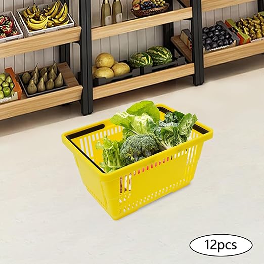 12Pcs 18L Shopping Baskets with Handles, Portable Plastic Retail Grocery Baskets Large Capacity for Stores, Supermarket, Retail, Groceries Shopping (Yellow)
