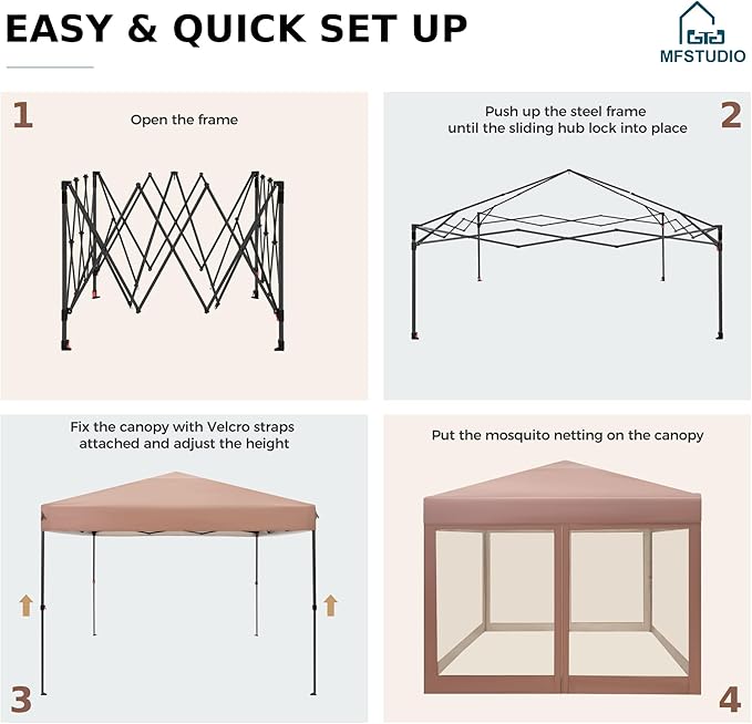 MFSTUDIO 10'x10' Pop Up Canopy Tent with Netting, Portable Instant Folding Canopy, Outdoor Canopy Screen Event Tent with 4 Zippered Mesh Netting for Garden, Brown