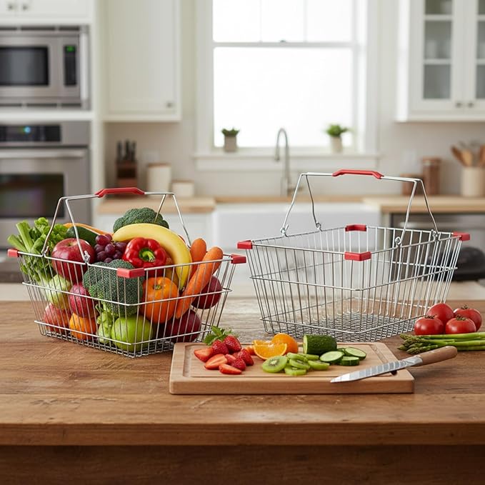 2 Pack Wire Shopping Baskets with Handle and Bumpers 17.7 x 12.6 x 7.9 Inch Foldable Sturdy Metal Basket Storage Organizer for Retail Grocery Supermarkets Kitchen Vegetables Fruits Picnic