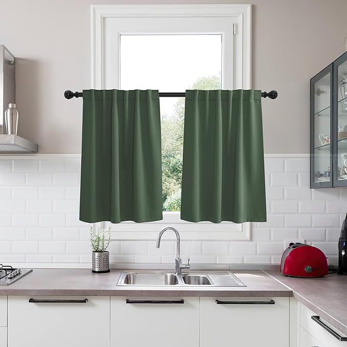 KGORGE Room Darkening Curtains 36 inch for Bedroom, Privacy Energy Saving Short Tiers Half Window Curtains for Bedroom Bathroom Dining Cafe, Back Tab Rod Pocket, W34 x L36, Dark Green, 2 Panels
