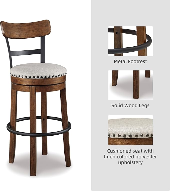 Signature Design by Ashley Valebeck | 30″ Farmhouse Pub-Height Swivel Barstool With Back – Upholstered Cushion, Nailhead Trim, Metal & Wood Frame, Brown