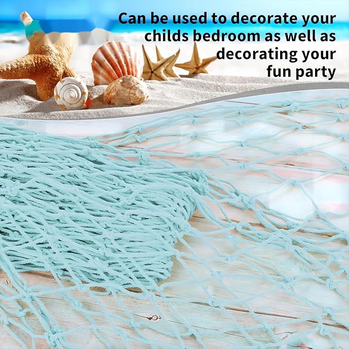 ZUEXT Decorative Fishing Net Large Blue & Beige 80x40 Inch, 2 Pack Picture Fish Net, Wall Photo Hanging Fishnet for Nautical Mermaid Pirate Ocean Themed Hawaii Beach Under The Sea Party Decorations