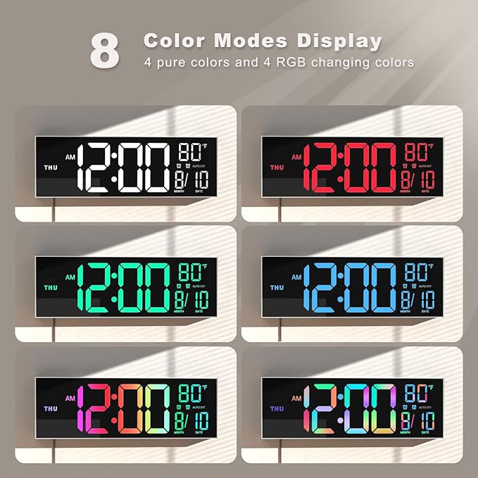 JALL 16" Large Digital Wall Mount Clock, Count Down Timer, Alarm, Big LED, 8 RGB Color, DST, Temperature for Living Room Classroom Desk, Xmas, Birthday Gift for Senior Mom Dad (White Shell, 16 inches)