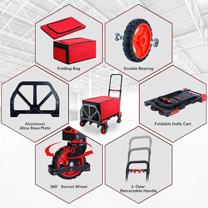 2 in 1 Hand Truck Dolly Foldable,330LB Capacity Portable Folding Hand Cart,Hand Truck Foldable with Retractable Handle,Folding Dolly Cart with Wheels for Moving