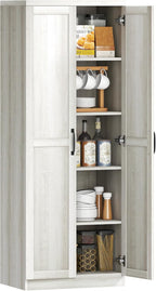 HOMCOM 63" 2-Door Kitchen Pantry, Freestanding Storage Cabinet with 5-Tier Shelving and 2 Adjustable Shelves for Dining Room, Antique White