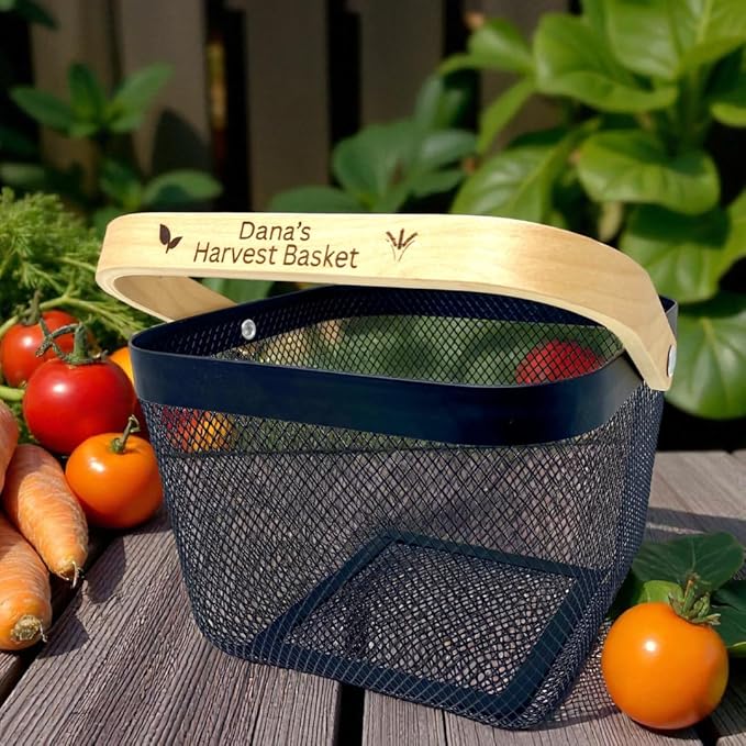 Personalized Mesh Harvest Basket with Custom Engraved Handle, Gift For Gardeners, Vegitable Harvesting Basket, Gardening Tools 9x7x7in