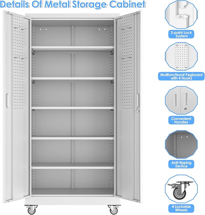 Aobabo Upgraded Garage Storage Cabinets with Wheels,Metal Storage Cabinets with 5 Adjustable Shelves for Garage Home Office Storage,White,71''H*34''W*18''D,Assembly Required