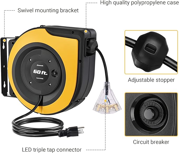 DEWENWILS Retractable Cord Reel, 60 FT Heavy Duty Extension Cord, 12AWG/3C SJTOW, 3 Grounded Outlets Lighted Triple Tap, 15A Circuit Breaker, Wall/Ceiling Mounted for Garage and Workshop, UL Listed