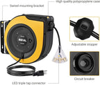 DEWENWILS Retractable Cord Reel, 60 FT Heavy Duty Extension Cord, 12AWG/3C SJTOW, 3 Grounded Outlets Lighted Triple Tap, 15A Circuit Breaker, Wall/Ceiling Mounted for Garage and Workshop, UL Listed