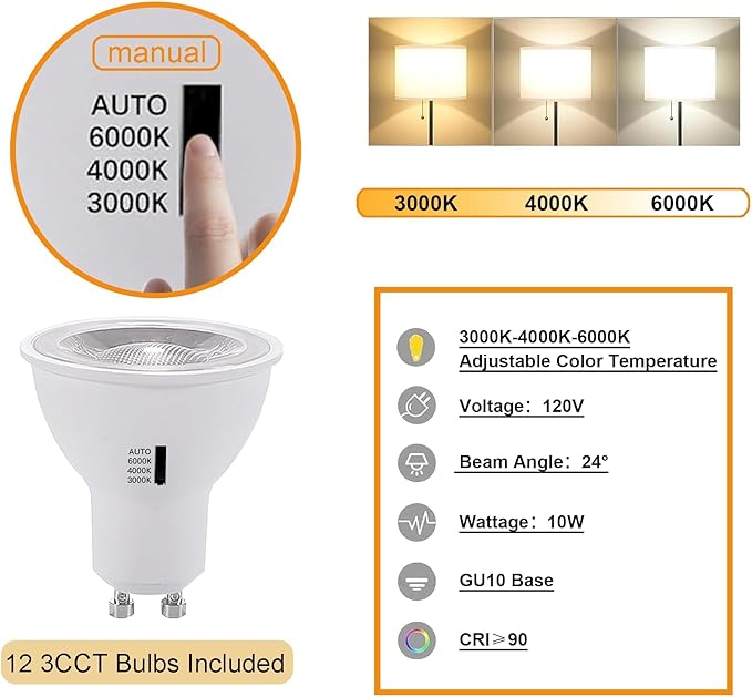 LED White Track Lighting Kit, 3CCT 10W Track Lights Heads 3000K/4000K/6000K Adjustable with 13.12FT H-Type Track Light Rails 12PCS Ceiling Spotlight Fixture Replaceable GU10 Bulb