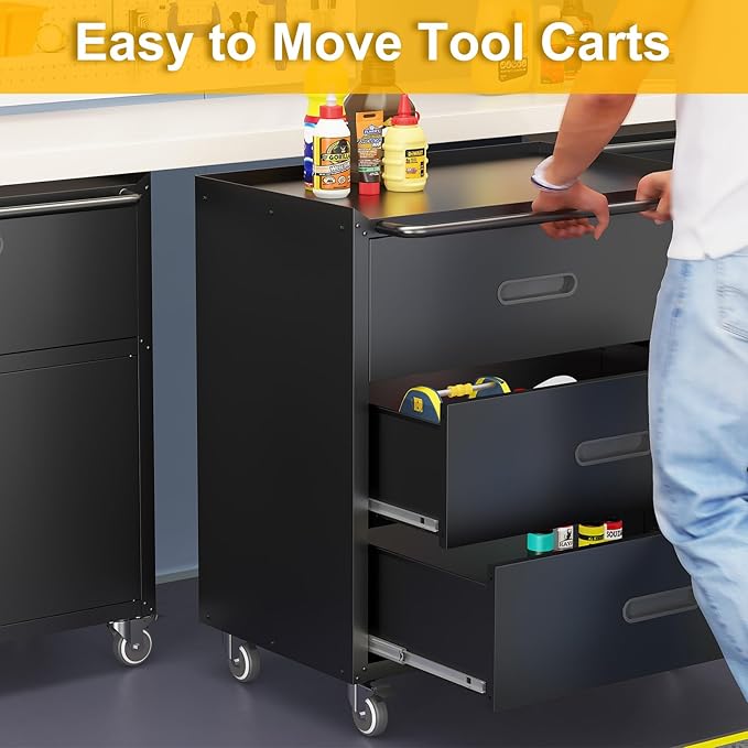 3 Drawers Metal Tool Storage Cabinet with Wheels, Rolling Tool Chest on Locking Wheels & Handle, Garage Cabinet, Heavy Duty Tool Cart, Mobile Steel Locker for Home,Workshop, Warehouse, Black