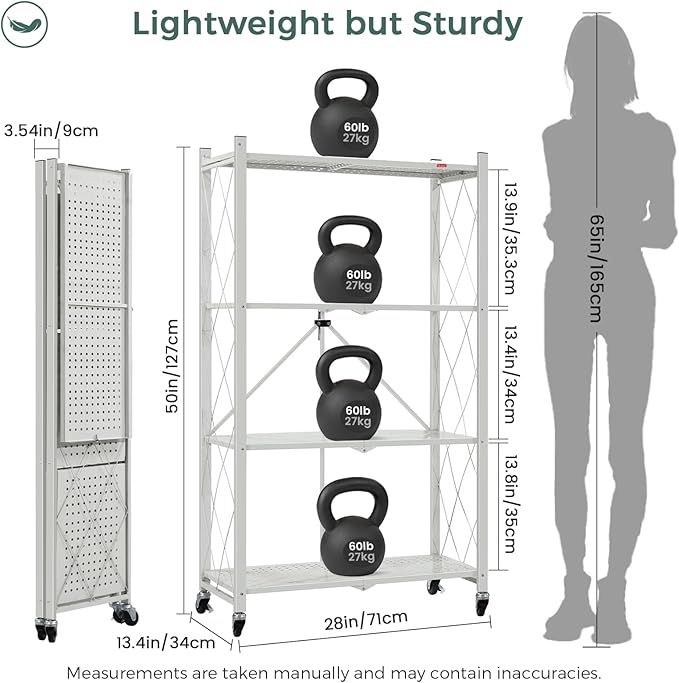 DEANIC 4 Tier Foldable Storage Shelves with Wheels, Large Capacity Shelving Unit, Freestanding Metal Wire Shelf Rack, No Assembly Organizer Rack for Garage Kitchen, Basement, Pantry(Grey Pack of 2)