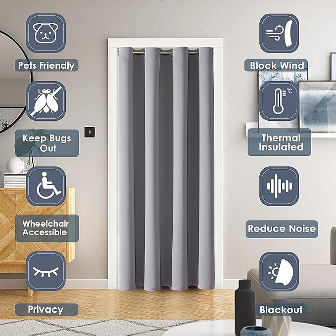 ChrisDowa Blackout Door Curtains for Doorway Privacy, Grommet Closet Curtains for bedroom closet door, Thermal Insulated Temporary Doorway Cover Room Divider Drapes (1 Panel, Light Grey, 52 x 80 Inch)