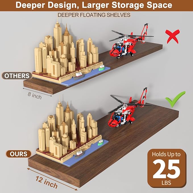 12 Inch Deep Floating Shelves for Wall 2 Pack Floating Shelfs Large Storage Space Wall Decor Display Shelf for Bathroom Living Room Bedroom Kitchen 30" W x 12" D x 1.2" H Walnut