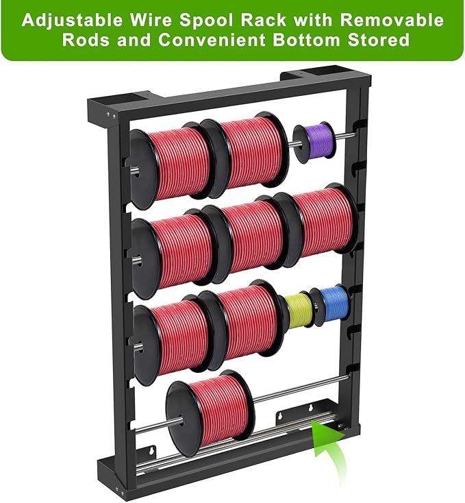 SELEWARE Heavy Duty Wall-Mounted Wire Spool Rack – Cable Reel Holder and Dispenser with 6 Adjustable Stainless Steel Rods for Industrial, Electrical, and Retail Storage and Display (Black)