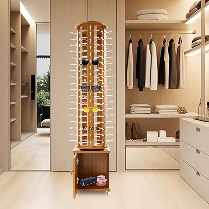 Sunglasses Display Stand, 90 Pairs Wooden 360° Rotating Sunglass Eyeglass Holder Organizer, Glasses Hanger Storage Rack for Retail Commercial Display, L16.9*W14.2*H66.1in, Brown
