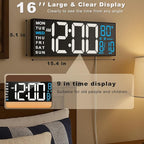 TrophyRak 16" Large Digital Wall Mount Clock, Count Down Timer, Alarm, Big LED, RGB Color, DST, Temperature for Living Room Classroom Desk, Wall, Xmas, Birthday Gift for Senior Mom Dad, White Blue