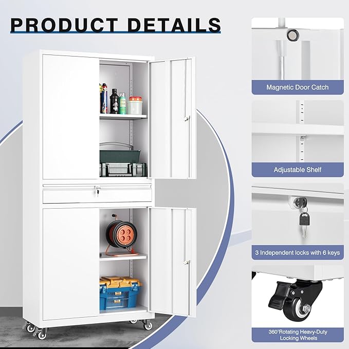 73" Metal Garage Storage Cabinet with Wheels， Rolling Tool Storage with Locking Doors， Adjustable Shelves and Drawer, Heavy Duty Steel Tool Cabinet for Garage, Warehouse, School(White)
