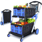 Collapsible Shopping Cart with Wheels, 2 Storage Crates & 1 Storage Bag, 200 lbs Capacity Multi Use Functional Grocery Cart, Space-Saving Design for Home/Office/Picnic