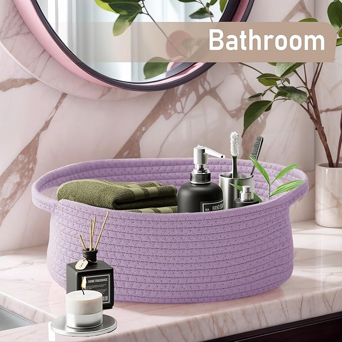 Woven Basket,Small Rope Storage Bin with Handles & Ribbon Bag, Organizer for Shelves Closets,Gift Basket Empty for Birthday,Books,Dog Toys, Purple